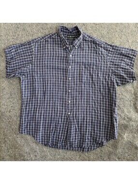 Ralph Lauren XXL Marlowe Linen Cotton Shirt Navy White Plaid Short Sleeve 2XL